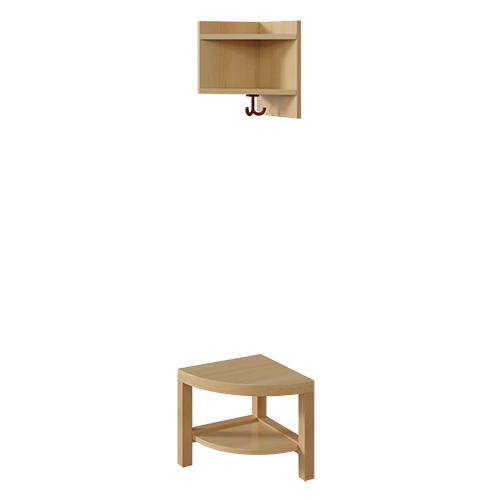 Garderoben-Außenecke, für einfache Ablage B/T: 35x39 cm, zweiteilig als gerundete Bank in Buche-massiv, einschließlich Schuhablage, mit Eckablage, für Garderoben mit Stütze