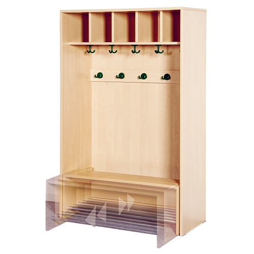 Korpus-Garderobe mit einschiebbarer Bank Bank mit Schuhrost, je Platz mit 3fach- und 2fach-Haken, H/T: 158x46 cm