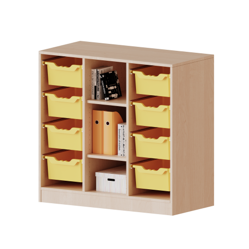 ErgoTray Regal, dreireihig, 2,5 Ordnerhöhen - evo180 Serie Breite 104,5 cm, Gesamthöhe 100 cm, mit Sockel, rechts und links je 4 hohe ErgoTray Boxen, 3 Fächer in der Mitte