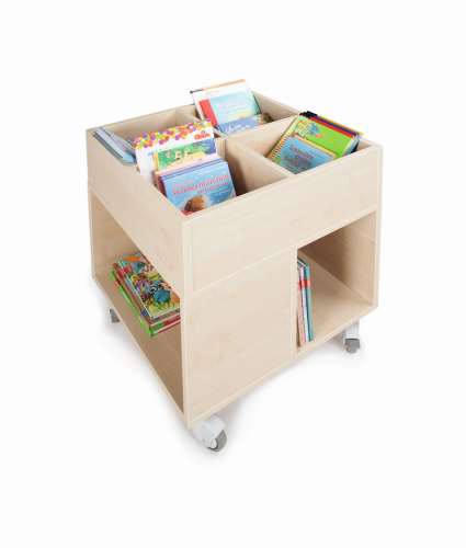 cuBe Bücherinsel "XL" 6-teilig Bücherinsel "XL" mit hoher und flacher Bücherkiste fahrbar und 4 Sitzhockern