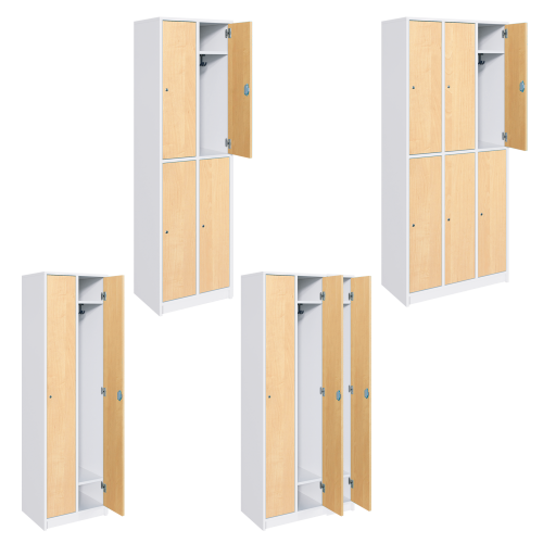 Spindschränke mit Hutboden und Garderobenhaken Spindschränke zwei- oder dreireihig, mit geteilten oder durchgehenden Türen