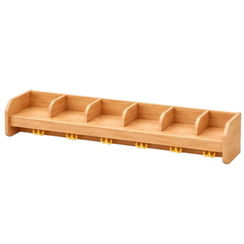 Garderobenablage mit vorderer Bilderleiste, Fachtrennern und Haken H/T: 20x18 cm in verschiedenen Breiten, vorn Bilderleiste, offene Ablagen zur Wandmontage, darunter Dreifachhaken