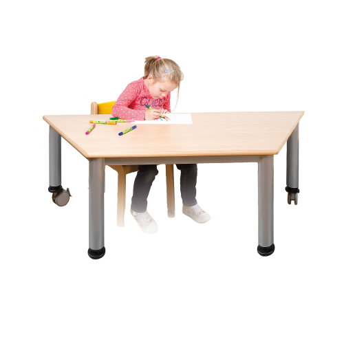 Fahrbarer trapezförmiger Tisch, Platte mit Schichtstoff verschiedene Größen in wählbarer Höhe, Stahlrohr-Füße Ø 60