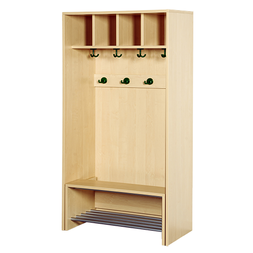 Korpus-Garderobe mit einschiebbarer Bank B/H/T: 80x158x46 cm, 4 Plätze, Bank mit Schuhrost, je Platz mit 3fach- und 2fach-Haken