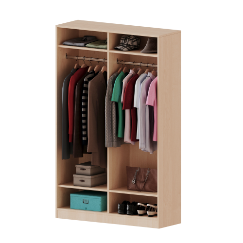 Garderobenregal,  5 Ordnerhöhen - Serie evo180 Breite 120 cm, Gesamthöhe 190 cm, mit Mittelwand, 2 Garderobenstangen, mit Sockel (81 mm)