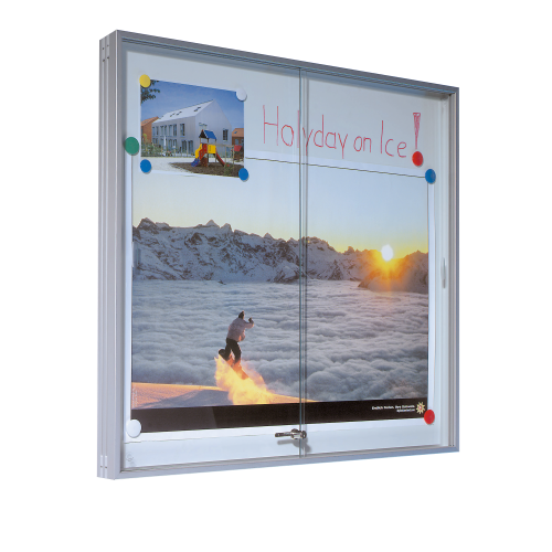 Wandvitrine IA mit Schiebetüren aus Sicherheitsglas und Whiteboardrückwand verschiedene Größen wählbar