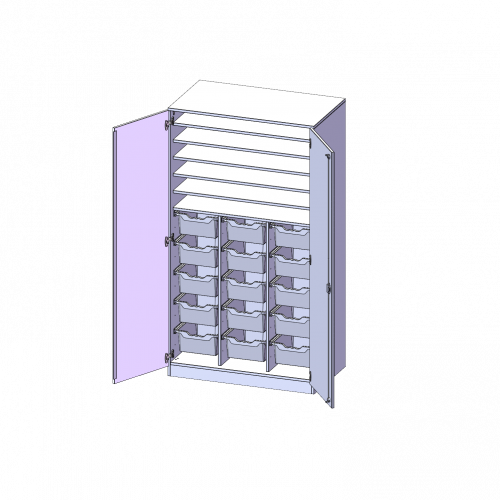 Bastelschrank, 5 Ordnerhöhen - Serie evo180 B/H/T: 104,5x190x60 cm, 2-türiger Schrank mit 15 hohen ErgoTray Boxen, mit Sockel (81 mm)
