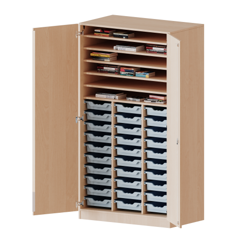 Bastelschrank, 5 Ordnerhöhen - Serie evo180 B/H: 104,5x190 cm, mit Sockel (81 mm), 2-türiger Schrank mit 30 flachen ErgoTray Boxen