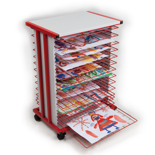 Trockenwagen fahrbar mit 15 Trockengittern DIN A3 B/H/T: 59,5x83x42 cm Gestellfarbe rot, Plattendekor Grau