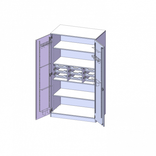 Musikschrank, 5 Ordnerhöhen - Serie evo180 B/H/T: 104,5x190x60 cm, Türen mit Instrumentenhalterungen, mit 9 ErgoTray Boxen, mit Sockel (81 mm)
