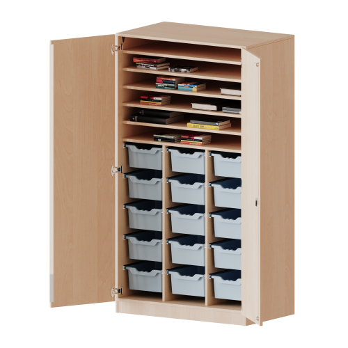 Bastelschrank, 5 Ordnerhöhen - Serie evo180 B/H: 104,5x190 cm, mit Sockel (81 mm), 2-türiger Schrank mit 15 hohen ErgoTray Boxen