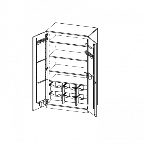 Musikschrank, 5 Ordnerhöhen - Serie evo180 B/H/T: 104,5x190x60 cm, Türen mit Instrumentenhalterungen, mit 6 ErgoTray Boxen, mit Sockel (81 mm)