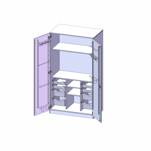 Musikschrank, 5 Ordnerhöhen - Serie evo180 B/H/T: 104,5x190x60 cm, Türen mit Instrumentenhalterungen, mit 8 ErgoTray Boxen, mit Sockel (81 mm)