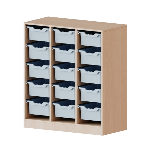 ErgoTray Regal, dreireihig, 3 Ordnerhöhen - evo180 Serie Breite 104,5 cm, Gesamthöhe 118 cm, mit Sockel, 15 hohe ErgoTray Boxen