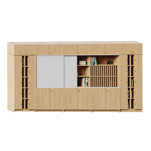 Schrankwand K01 als Beispiel-Kombination Gesamtmaße B/H/T: 460x226x50 cm, 2 Whiteboard Schiebetüren mit Schienensystem vor Schränken und Regalen der Baureihe Serie evo180