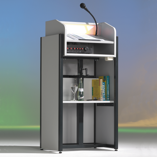 höhenverstellbares Rednerpult, mit Melamin-Stahl-Kombination, inkl. Mikrofon und Lautsprecher B/H/T: 58x100-128x51 cm, Ausführung: fahrbar