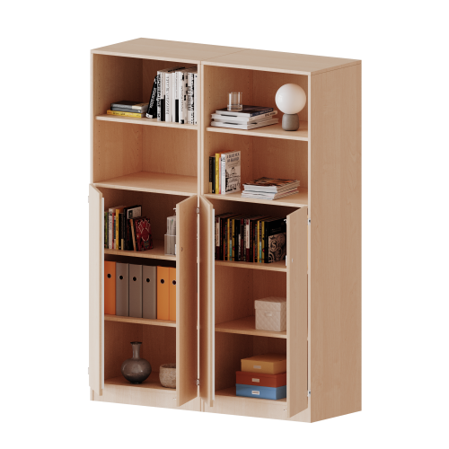 ErgoTray Kombi-Schrank, vierreihig, zweiteilig, 5 Ordnerhöhen - evo180 Serie B/H/T: 140,6x190x50 cm, 3 OH unten mit Türen, oben 2 OH Regal, mit Sockel (81 mm), mit Mittelwand