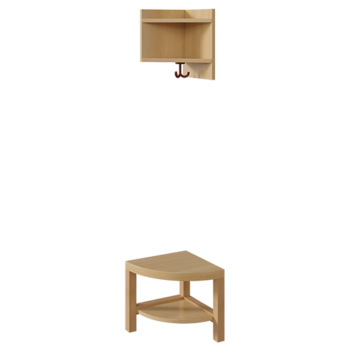 Garderoben-Außenecke, für einfache Ablage B/T: 35x35 cm, 2teilig als gerundete Bank in Buche-massiv, einschließlich Schuhablage, mit Eckablage, für Garderoben ohne Stütze