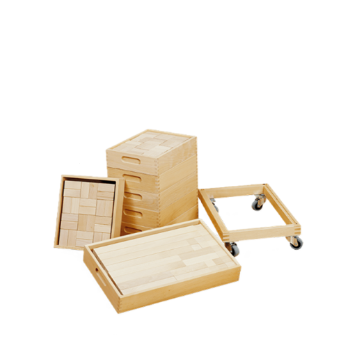 Bausteinwagen Vollholz mit Holz Bausteinen mit 7 gefüllten Baukästen und Untergestell auf Rollen