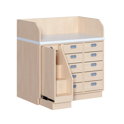 Wickelkommode, dreireihig B/H/T: 107x113x71,5 cm, Ausziehbarer Aufstieg links, 10 Schübe rechts