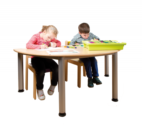 Halbrunder Tisch, Platte mit Schichtstoff B/T: 120 x 60 cm, bzw. R 60 cm, wählbare Tischhöhe, Stahlrohr-Füße Ø 60